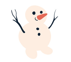 Simple cute snowman. Hand drawn smiling snowman isolated on transparent background. Simple cartoon snowman with carrot nose in naive style. Vector illustration.