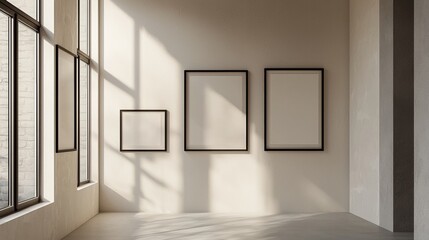 Fototapeta premium A room with three empty frames on the wall