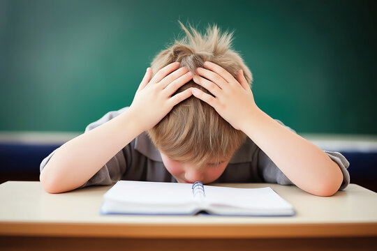 A young school boy sitting in classroom with head in hands, appearing frustrated and overwhelmed, green chalkboard in the background, concept of academic pressure and stress in school environment