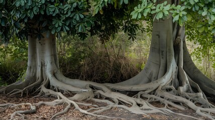 Obraz premium Trees with dark and light green leaves, intertwined roots on leafy ground