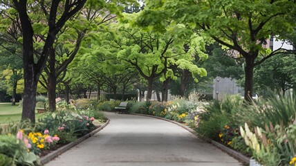 Obraz premium A park landscape with an empty path for jogging, outdoor sports.