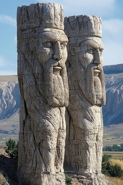 A dramatic rendition of Gog and Magog depicted as colossal statues carved into mountainsides, embodying the guardianship of ancient secrets with an aura of mystery and majesty.

