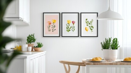 A kitchen with a white wall and a black framed picture of flowers on it