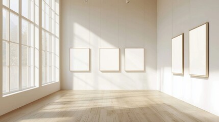 A room with three white paintings on the wall