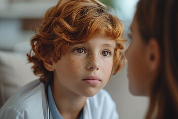 Fototapeta premium A young boy with curly red hair and freckles sits quietly, gazing thoughtfully at a girl nearby during a meaningful conversation in a cozy indoor setting