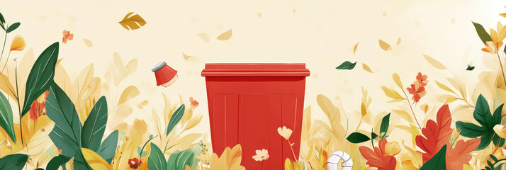 Sustainable living and environmental awareness concept with red bin amidst vibrant autumn foliage. Zero Waste Day. Global Recycling Day. Horizontal banner. Copy space. Eco concept, save the planet