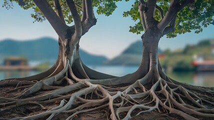 Old trees with deep intertwined roots against serene mountain landscape