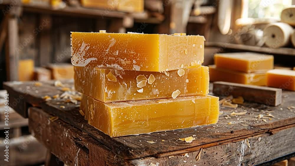Poster This Stacks of golden beeswax blocks are arranged on a rustic wooden table in a workshop.