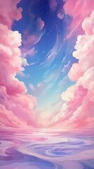 A serene digital artwork of a colorful sky over calm waters at sunset.