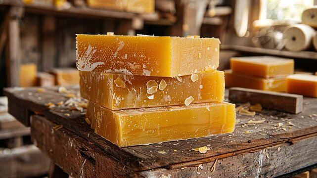 This Stacks of golden beeswax blocks are arranged on a rustic wooden table in a workshop.