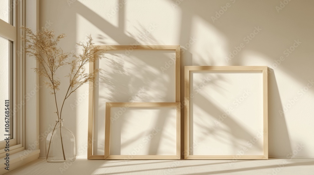 Poster three wooden frames are sitting on a table in front of a window