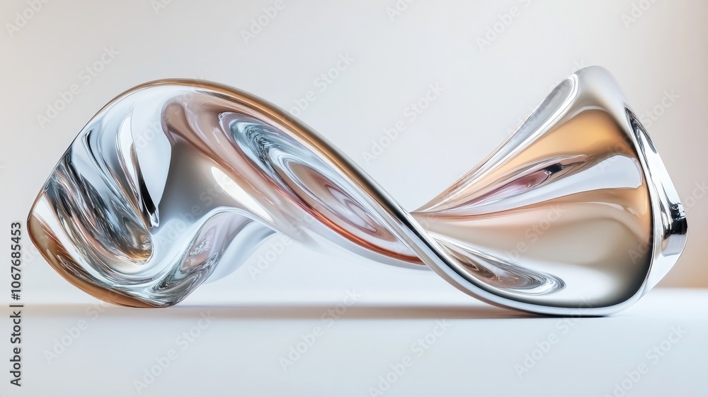 Poster chrome and liquid metal shiny ribbons on a light background with shiny chrome surfaces in fluid moti