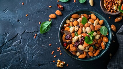 Bowl of mixed nuts and dried fruits with fresh basil leaves