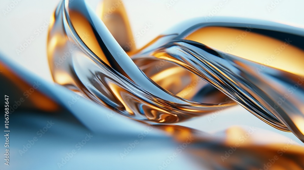 Poster chrome and liquid metal shiny ribbons on a light background with shiny chrome surfaces in fluid moti