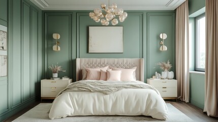 Fototapeta premium Luxurious Bedroom Interior with Green Walls and a Plush Bed