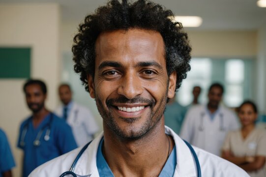 Close portrait of a smiling 40s Eritrean man doctor looking at the camera, Eritrean hospital blurred background