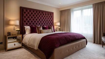 Luxurious Bedroom Interior with Burgundy Headboard and Bedding