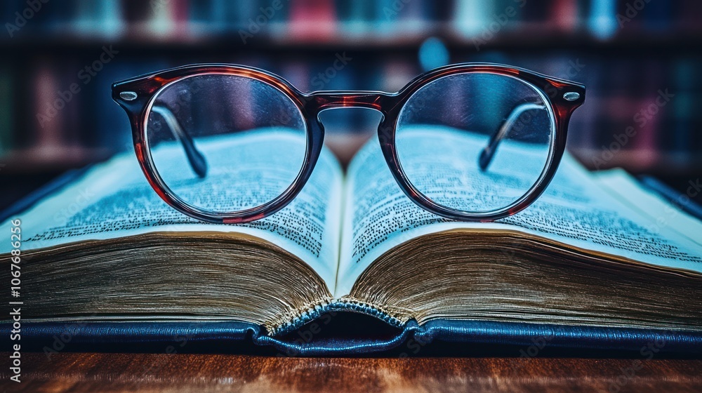 Poster a pair of tortoiseshell glasses rest atop an open book in a library.