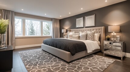 Obraz premium Modern Bedroom Interior with King-Sized Bed and Grey Accent Wall