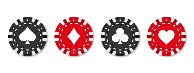 Realistic Poker and casino chips. Isolated casino poker chips. Poker symbols with spades, hearts, diamonds, clubs. Playing gambling chips concept. Vector illustration.