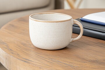 Obraz premium Stylish coffee table arrangement featuring a ceramic mug, leather-bound book, and elegant pen on wooden surface