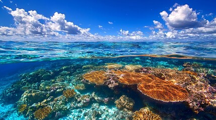 Vibrant underwater scene showcasing coral reefs and clear blue waters.