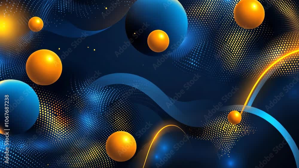 Poster an abstract design featuring blue and orange spheres floating on a wave-like pattern, with a subtle 