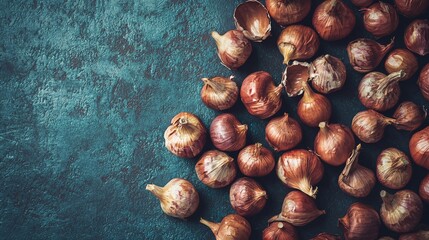 Obraz premium Top view of red onions on rustic blue background