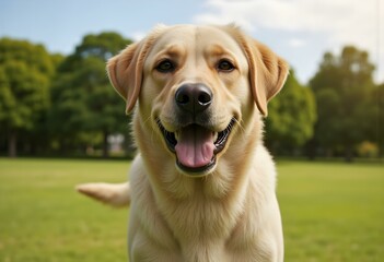 Active, smile and happy purebred labrador retriever dog outdoors in grass park on sunny summer day.