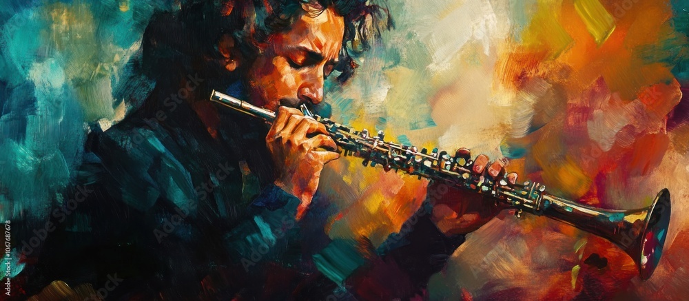 Poster a man playing a clarinet in a colorful abstract background.