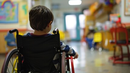 Obraz premium Young Child in Wheelchair Exploring a Colorful School Hallway
