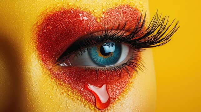Heart with Eyelashes and Tear on Yellow Background - Expressive and Emotional Graphic for Creative Projects