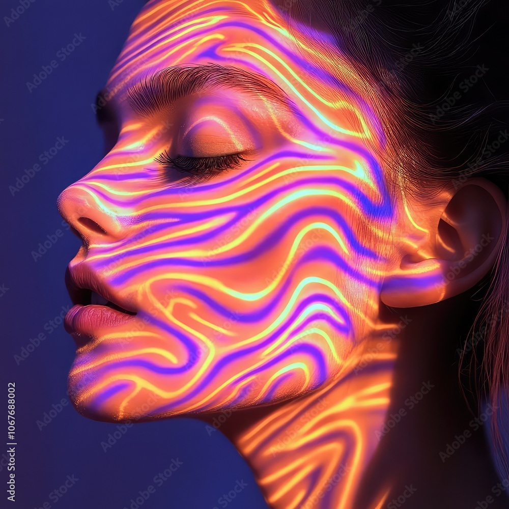Poster mesmerizing neon swirl pattern on woman's face - striking and vibrant visual art for creative and fu