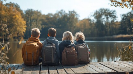 Four friends sit on a wooden dock overlooking a lake, enjoying the view.