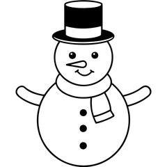 Classic Snowman Illustration – Black and White Winter Icon with Top Hat and Scarf. Jolly Snowman vector silhouette