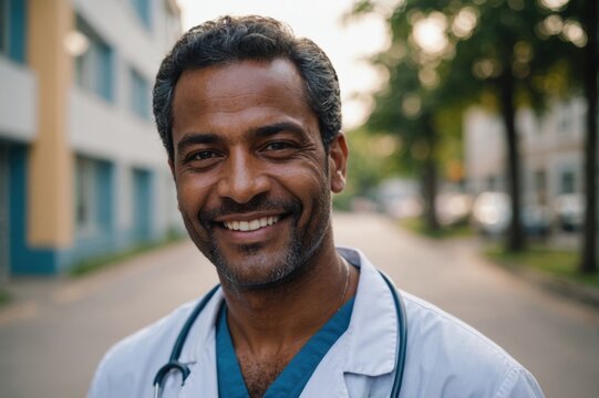 Close portrait of a smiling 40s Guyanese man doctor looking at the camera, Guyanese hospital blurred background