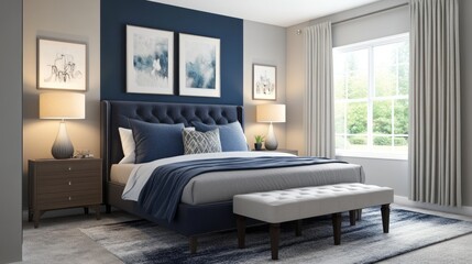 Modern Bedroom Interior with Blue and Gray Color Palette