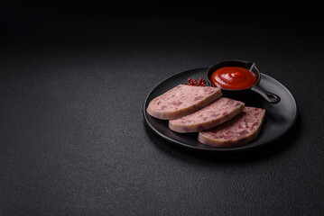 Homemade headcheese with salt, spices, herbs and vegetables