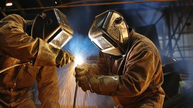 Protective masks and leather gloves are a must as these welders work in tandem creating a shower of sparks as they weld pipes together.