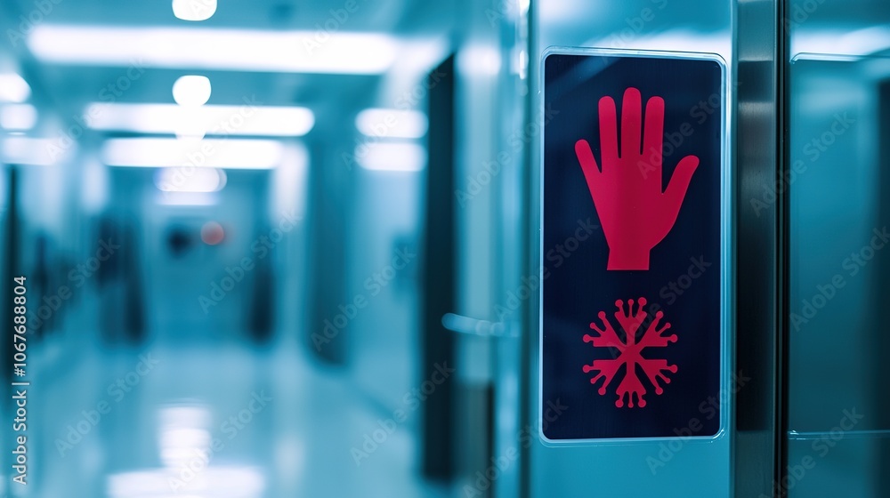 Poster a sign featuring a red hand symbol and a snowflake, indicating a caution or restriction in a cold en