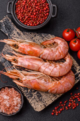 Boiled tiger prawns with salt, spices, herbs and vegetables