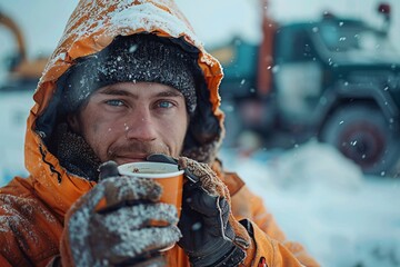 A man is holding a warm cup in a snowy environment, wearing a bright orange coat and a knitted hat. Snowflakes fall around him, creating a cozy winter atmosphere as he sips his drink
