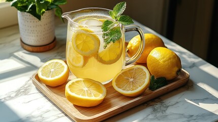 A pitcher of refreshing lemonade with lemons and mint on a wooden tray, ready to be enjoyed on a sunny day.