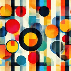 Abstract geometric pattern with colorful circles and stripes.