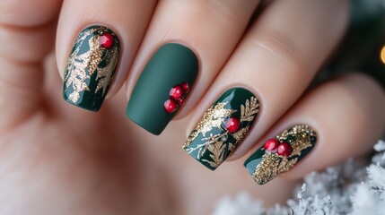 luxurious holiday nail art with deep red, green, and gold accents, featuring matte finishes, intricate holly and berry designs, and shimmering gold leaf details