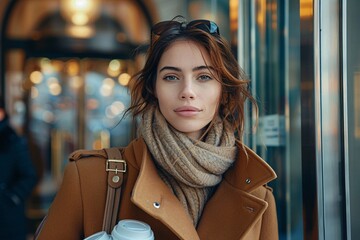 A young woman stands outside a cafe, warmly dressed in a coat and scarf, holding two coffee cups. The lively atmosphere of the street is filled with people, showcasing an urban vibe