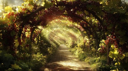 Obraz premium A path through a vineyard, with sunlight shining through the grape vines.