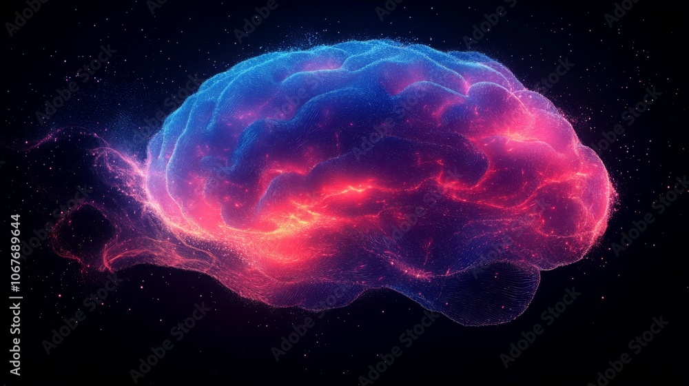 Poster silhouette of a brain created from connected lines on a dark background with vibrant colors