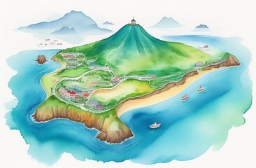 Jeju do island in South Korea, Hallasan mountain volcano. Jejudo map watercolour illustration. Tourist attraction. Welcome poster for Resort in Republic of Korea. Souvenir greeting card for gift shop
