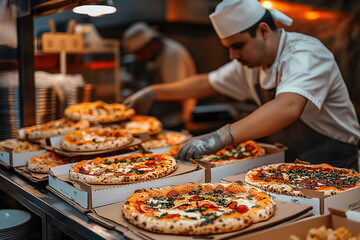 In a bustling pizzeria kitchen, chefs carefully arrange freshly baked pizzas in take-out boxes during the dinner rush, showcasing a variety of toppings and vibrant colors